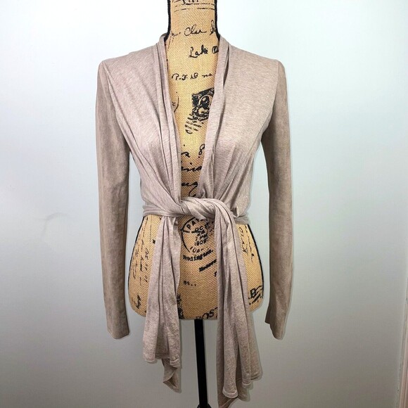 BCBGMaxAzria Waterfall Suede Open Front Drape Wrap Jacket  Heather Khaki Sz Xs - Picture 2 of 9